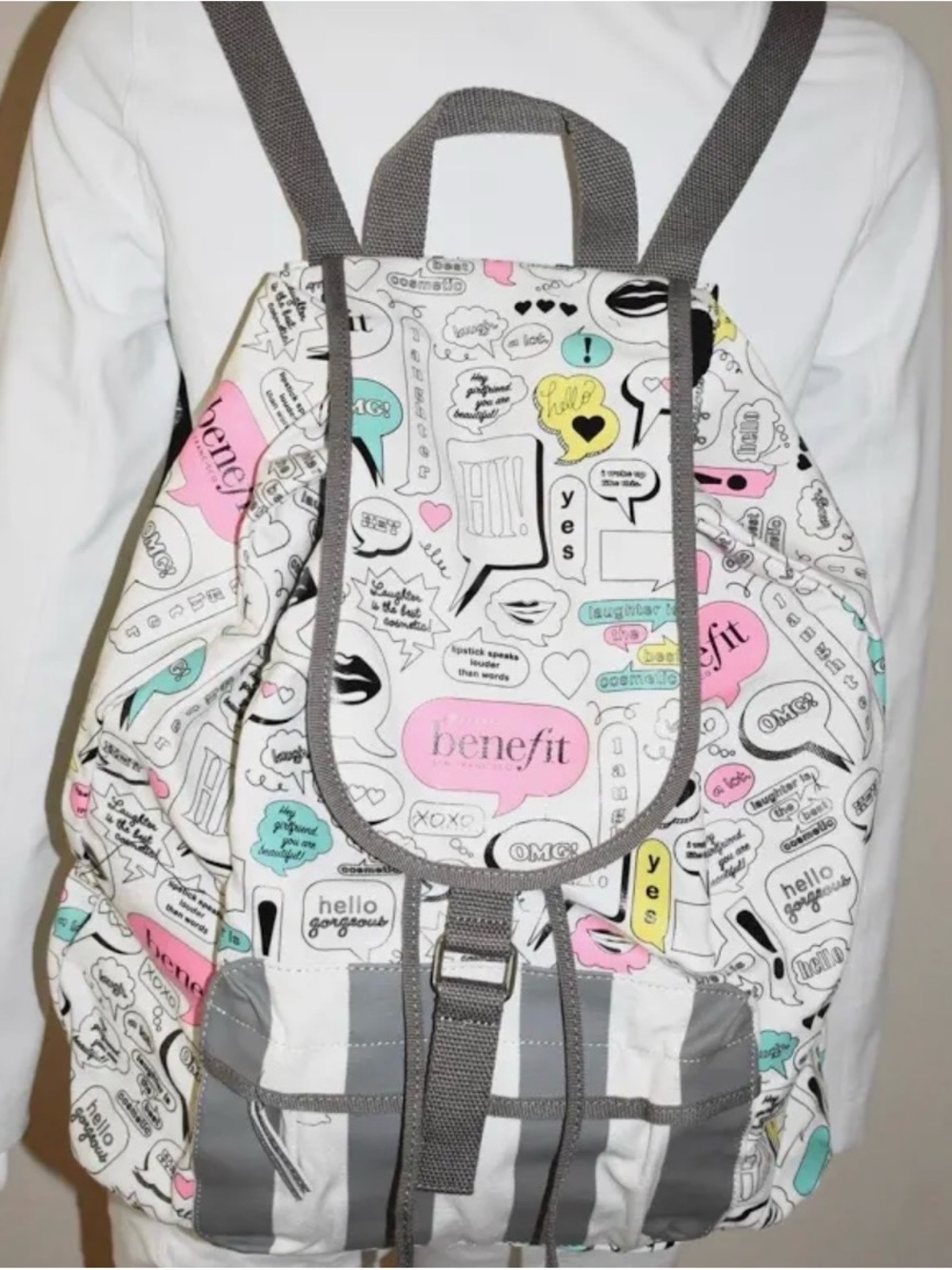Benefit White Graphic Stripe Tote with Pink & Teal Accents - Picture 3 of 3